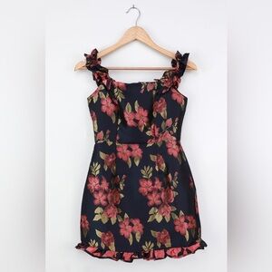 Pop the Bottle Navy Blue Floral Jacquard Ruffled Mini Dress